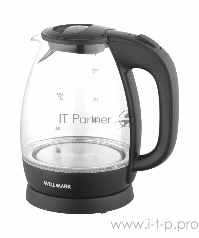 Чайник электрический WILLMARK WEK-1705GB (1.7л, пов. на 360 град., LED-подсв., корп. из стекла, черный, 2200Вт)