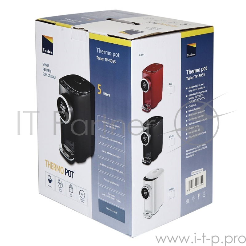 Термопот TESLER TP-5007, 5 литров, 1200Вт, быстрое кипячение/охлаждение, корпус - пластик/нерж. сталь, колба - нерж. сталь, белый/нерж. сталь