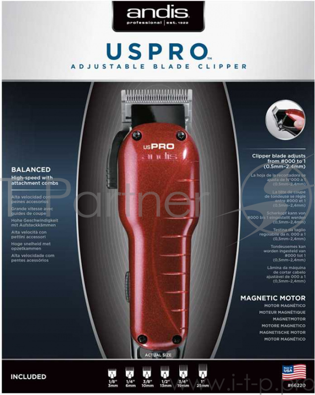 Машинка для стрижки Andis US-1 Pro Adjustable Blade Clipper красный (насадок в компл:6шт)