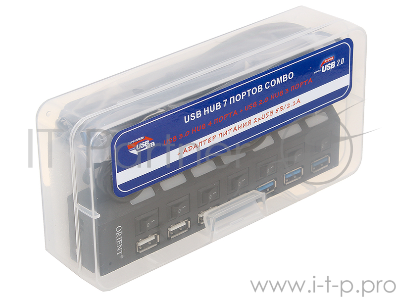 Разветвитель 4 порта USB3.0 + 3 порта USB2.0 ORIENT BC-315, внешн., c блоком питания