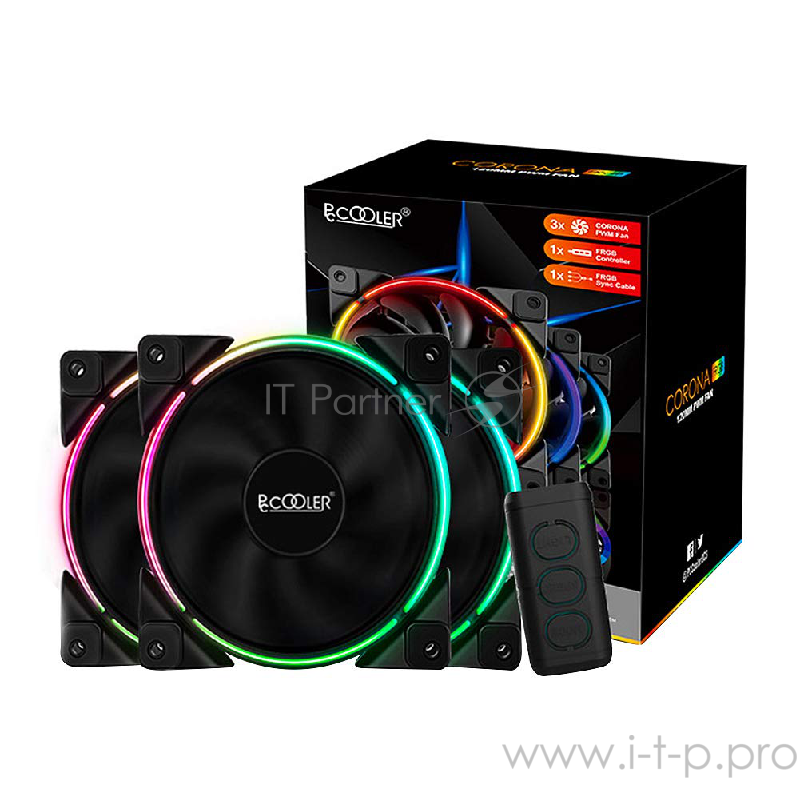 Вентилятор PCCooler CORONA FRGB KIT (3 IN 1) 120x120x25мм (PWM, Addressable, RGB контроллер, 20шт./кор, пит. от мат.платы и БП, 1000-2000 об/мин) Retail
