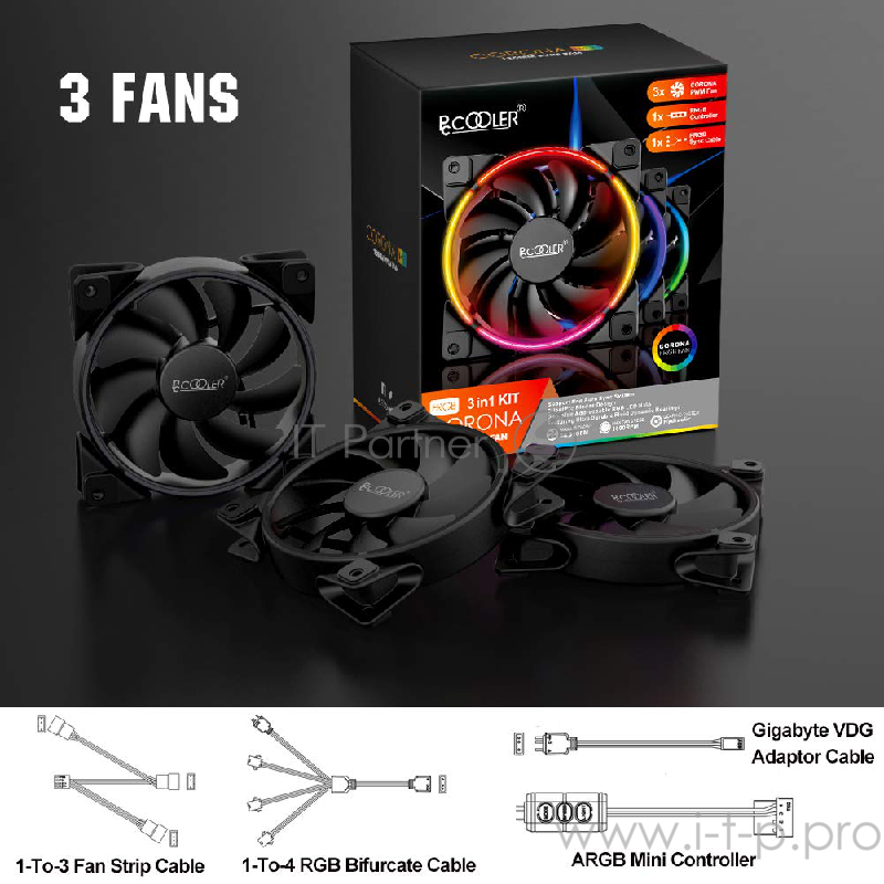 Вентилятор PCCooler CORONA FRGB KIT (3 IN 1) 120x120x25мм (PWM, Addressable, RGB контроллер, 20шт./кор, пит. от мат.платы и БП, 1000-2000 об/мин) Retail