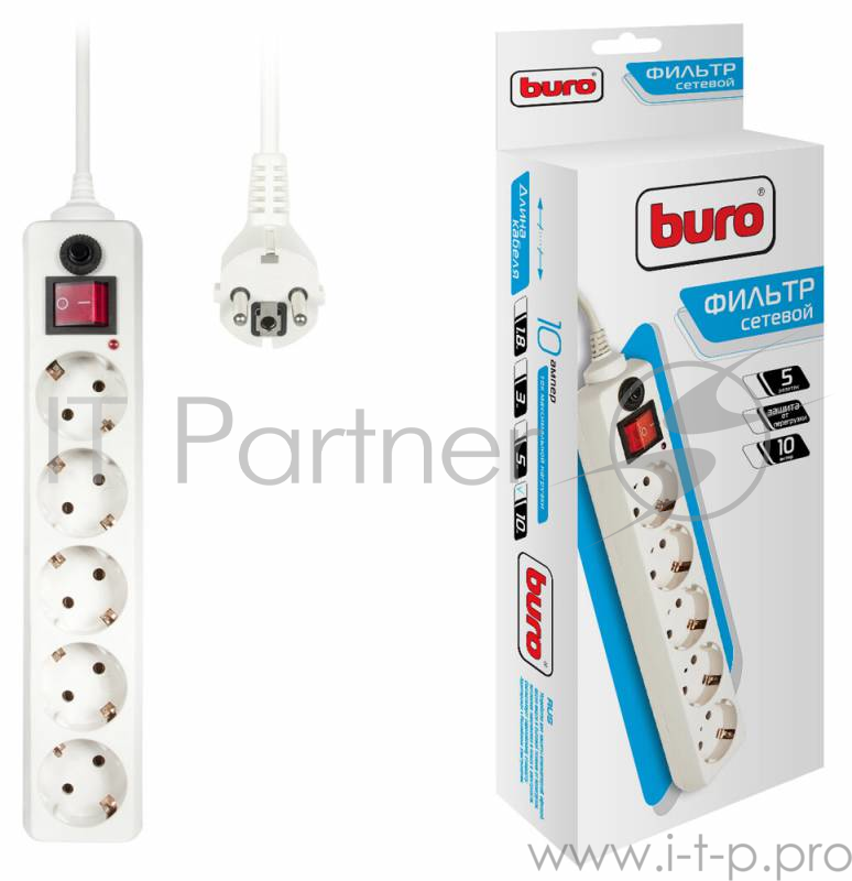 Сетевые фильтры BURO Сетевой фильтр, 5 розеток, 10 метров, (500SH-10-W), белый (коробка) {992302}