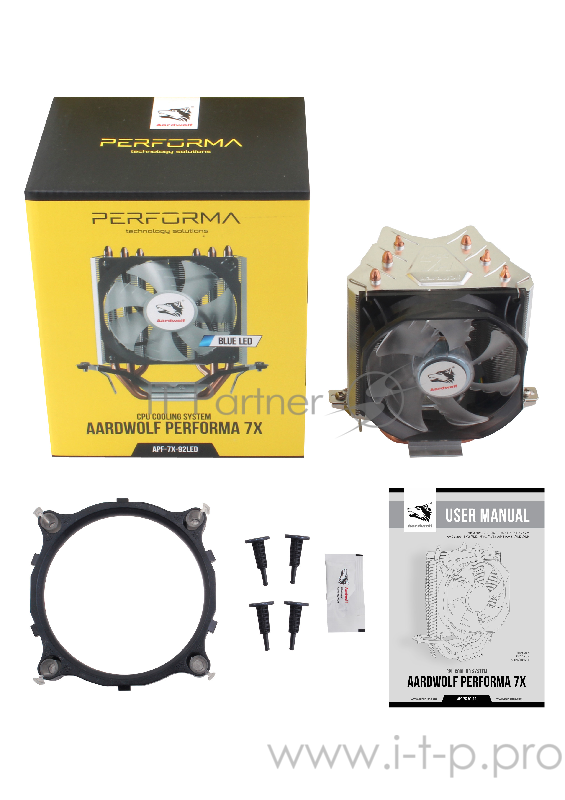 Кулер AARDWOLF Performa 7X (APF-7X-92LED) S775/115X/AM2/AM3/AM4 (15 шт/кор, TDP 105W, BLUE LED вент-р 92мм с PWM, 3 тепловые трубки 6мм, 1350-2100RPM, 18-26dBa)