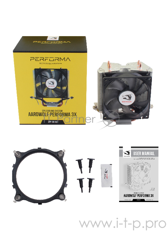 Кулер AARDWOLF Performa 3X (APF-3X-92) S775/115X/AM2/AM3/AM4 (30 шт/кор, TDP 95W, вент-р 92мм с PWM, 2 тепловых трубки 6мм, 1000-1600RPM, 16-24dBa)