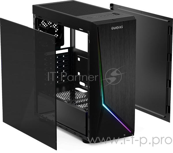 Игровой корпус чёрный Gamdias ARGUS E1 (ATX, RGB подсветка, акрил, fan 1x120 мм, 1xUSB 3.0, 2xUSB 2.0, HD Audio)