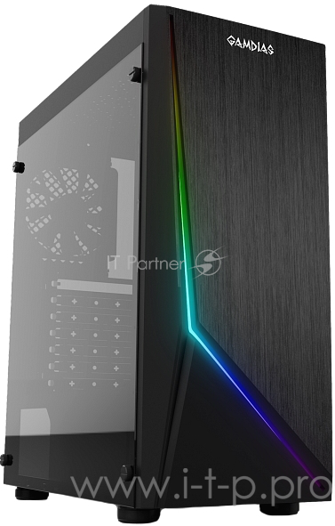 Игровой корпус чёрный Gamdias ARGUS E1 (ATX, RGB подсветка, акрил, fan 1x120 мм, 1xUSB 3.0, 2xUSB 2.0, HD Audio)