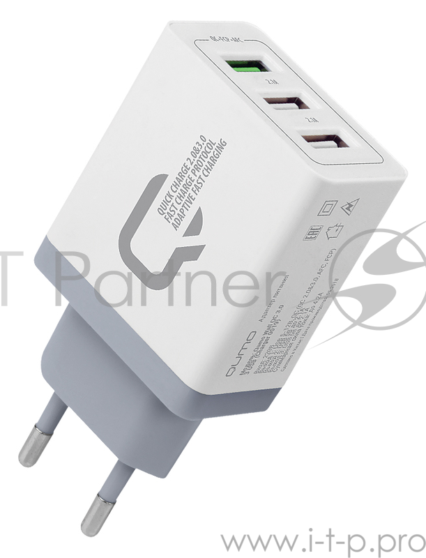 Сетевое зарядное устройство Qumo Quick Charge 3.0 3 USB (Charger 019), Quick charge 3.0, 3 USB, QC 3.0 + 2,1A, белый
