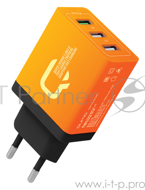 Сетевое зарядное устройство Qumo Quick Charge 3.0 3 USB (Charger 0019), 3 USB, 4.2A, 1 USB (QC 3.0, FCP, AFC) + 2 USB 2,1A, оранжевый