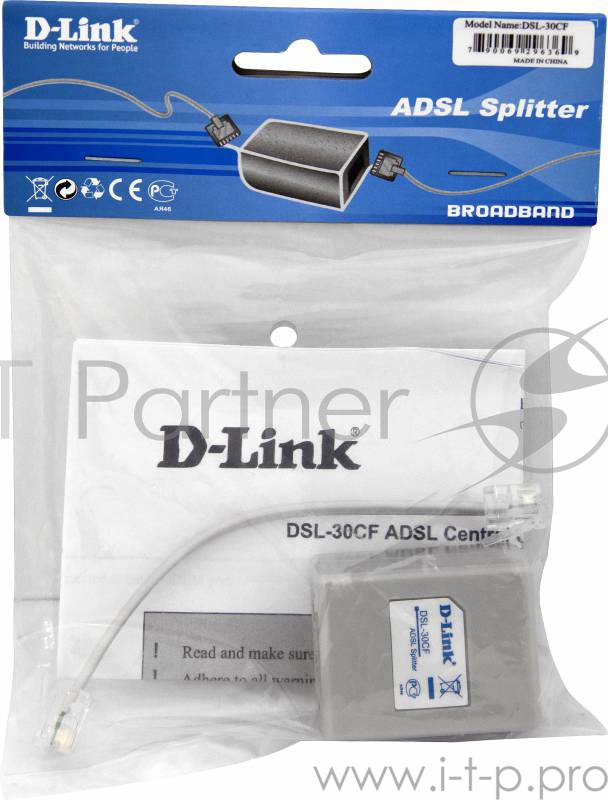 Модем D-Link DSL-30CF/RS Сплитер ADSL Annex A 1xRJ11 вход и 2xRJ-11 выход с 12cm телеф кабелем