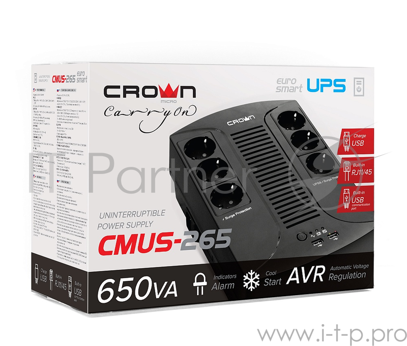 ИБП CROWN ИБП CMUS-265 EURO SMART {Line Interactive, 650VA360W, розетки 6*EURO} CM000001921