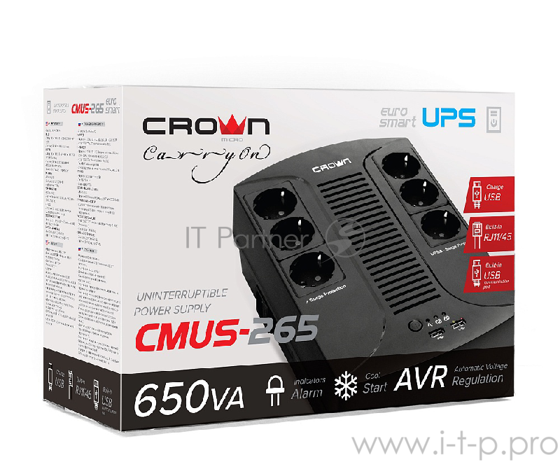 ИБП CROWN ИБП CMUS-265 EURO SMART {Line Interactive, 650VA360W, розетки 6*EURO} CM000001921