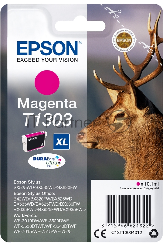 Расходные материалы EPSON C13T13034010/4012 T1303 Картридж для Epson Stylus SX525WD/ SX620FW, Stylus Office BX320FW/BX525WD/ BX625FWD, пурпурный, XL (cons ink)