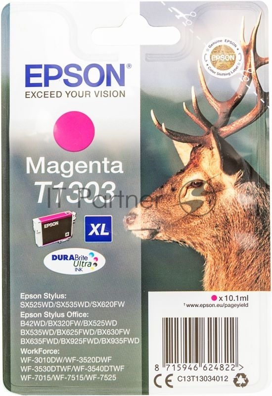 Расходные материалы EPSON C13T13034010/4012 T1303 Картридж для Epson Stylus SX525WD/ SX620FW, Stylus Office BX320FW/BX525WD/ BX625FWD, пурпурный, XL (cons ink)