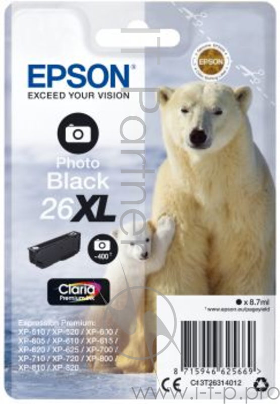 Расходные материалы EPSON C13T26314010/4012 Картридж 26XL для Epson Expression Premium XP-600/605/700 черный фото (cons ink)