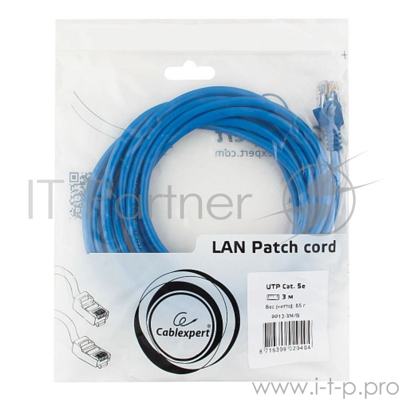 Патч-корд UTP Gembird кат.5e, 3м, литой, многожильный (синий)