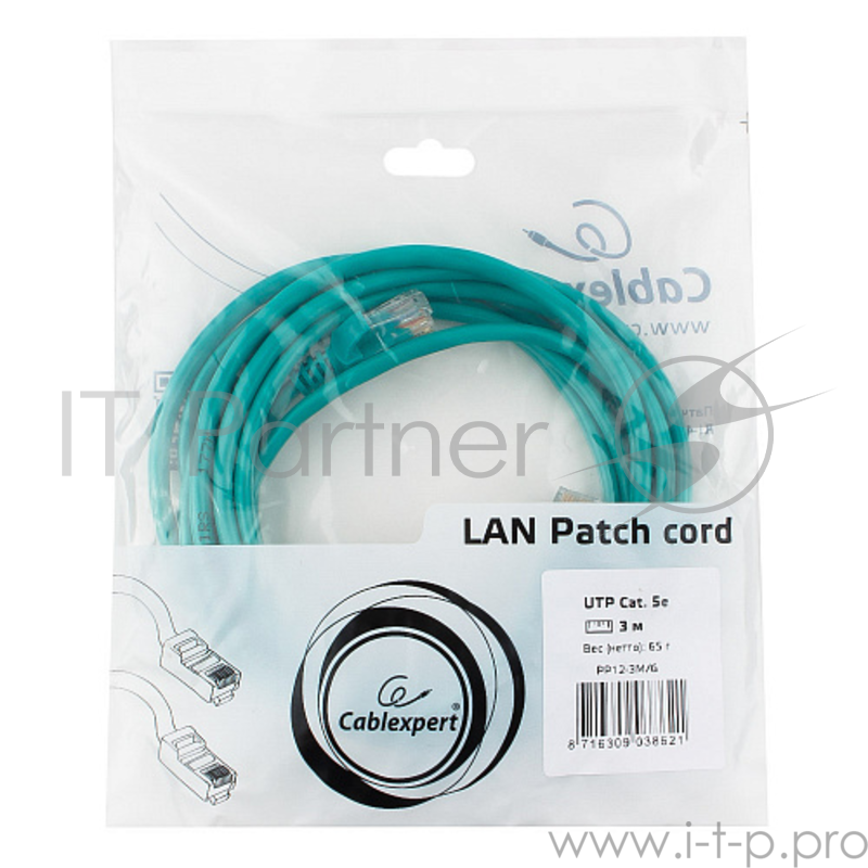 Патч-корд UTP Gembird кат.5e, 3м, литой, многожильный (зеленый)