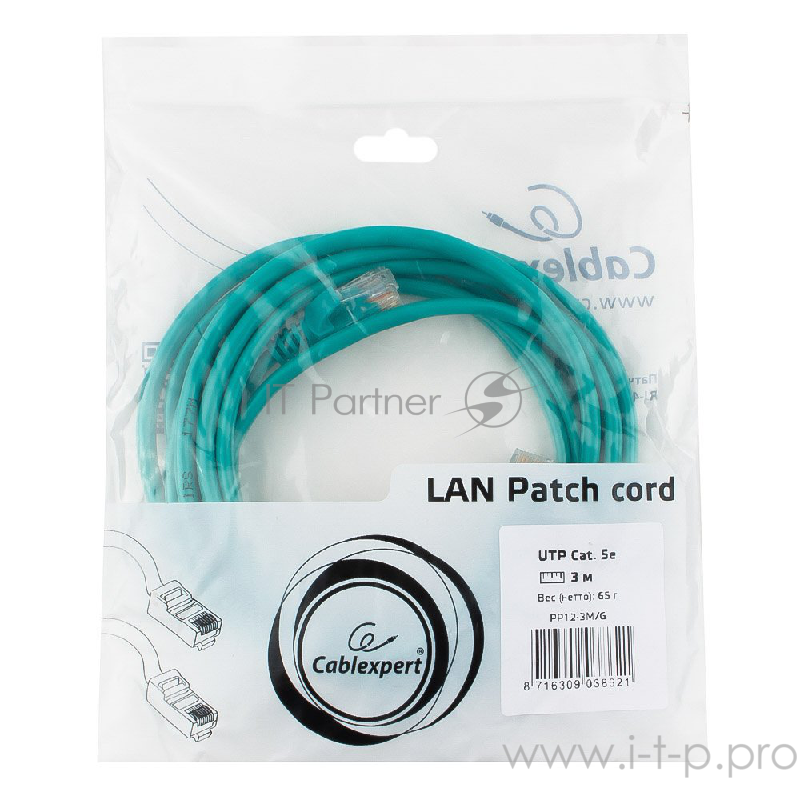 Патч-корд UTP Gembird кат.5e, 3м, литой, многожильный (зеленый)