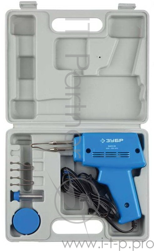 Паяльник ЗУБР 55412-H4 импульсный со световым индикатором 150Вт 2 сменных жала канифоль припой.
