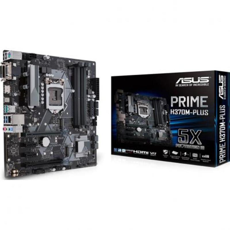 Мат. плата Socket1151 ASUS PRIME H370M-PLUS (iH370, 4xDDR4, M.2, SATA III, RAID, 2xPCI-E, D-Sub, DVI, HDMI, 1Гбит LAN, USB3.1, mATX)