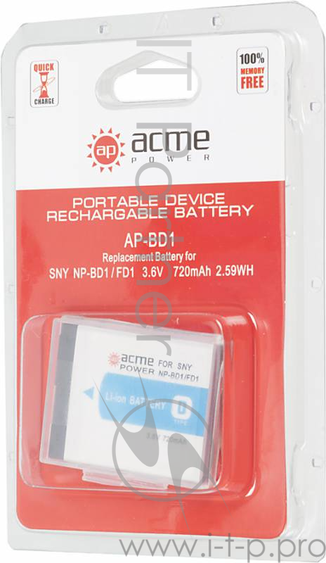 Аккумулятор для компактных камер AcmePower NP-BD1/FD1 для: Sony CyberShot DSC-TX1, Sony CyberShot DSC-T90, Sony CyberShot DSC-T900, Sony CyberShot DSC-T77, Sony CyberShot DSC-T700, Sony CyberShot DSC-T500, Sony CyberShot DSC-T300, Sony CyberShot DSC-