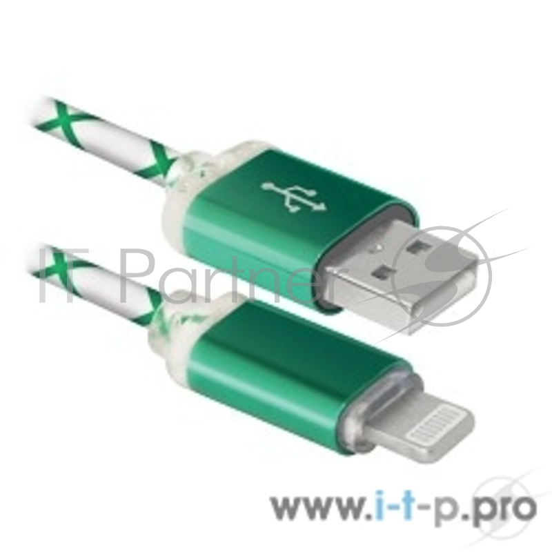 Кабель Defender USB ACH03-03LT зеленый, LED, USB-Lightning 1м (87553)