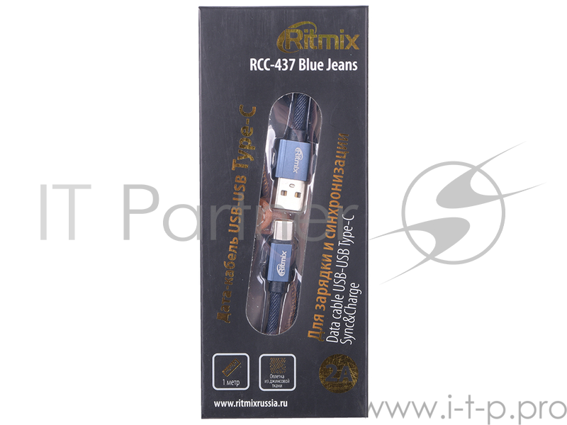 Кабель USB Type-C-USB RITMIX RCC-437 Blue Jeans,1м, 2А, оплетка из джинсовой ткани