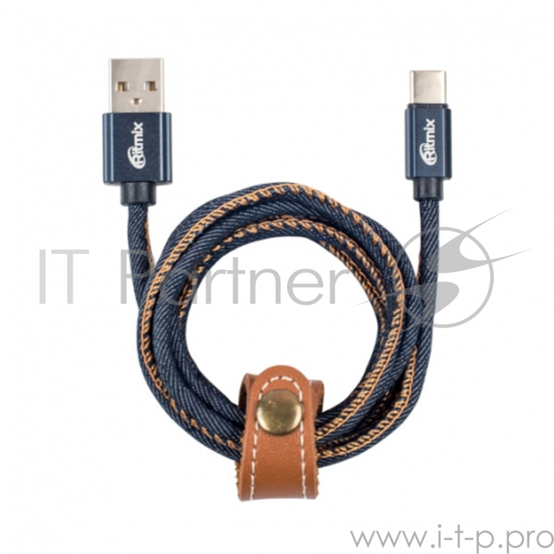 Кабель USB Type-C-USB RITMIX RCC-437 Blue Jeans,1м, 2А, оплетка из джинсовой ткани