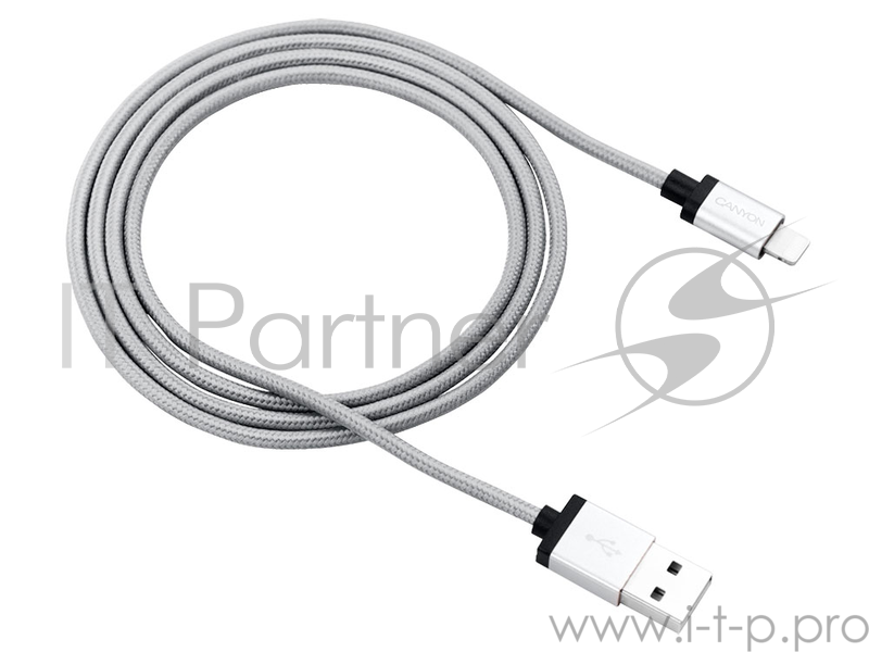 Кабель Lightning/USB, Charge & Sync MFI плетеный кабель с металлической оболочкой, certified by Apple, 1m, 0.28mm, Dark gray CANYON <CNS-MFIC3DG>