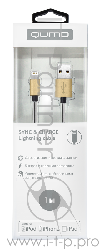 Кабель Qumo 21713 золото (MFI кабель c разъемом Apple 8 pin, 1м, PVC, стальная пружинка у коннектора)