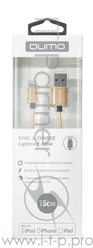 Кабель Qumo, MFI С48, USB-Apple 8 pin, 0,15м, 5В, 2,4A, 12Вт, опл. нейлон, кон металл, золотой