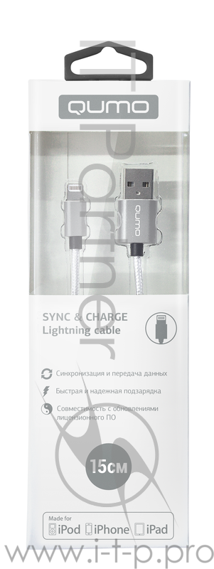 Кабель Qumo, MFI С48, USB-Apple 8 pin, 0,15м, 5В, 2,4A, 12Вт, опл. нейлон, кон металл, серебро