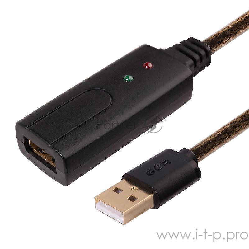 Удлинитель Greenconnect USB 2.0 с активным усилителем сигнала 5.0m Premium AM/AF, 24/22 AWG экран, армированный, морозостойкий, разъёмом для доп.питания, черно-прозрачный, GCR-UEC3M2-BD2S-5.0m