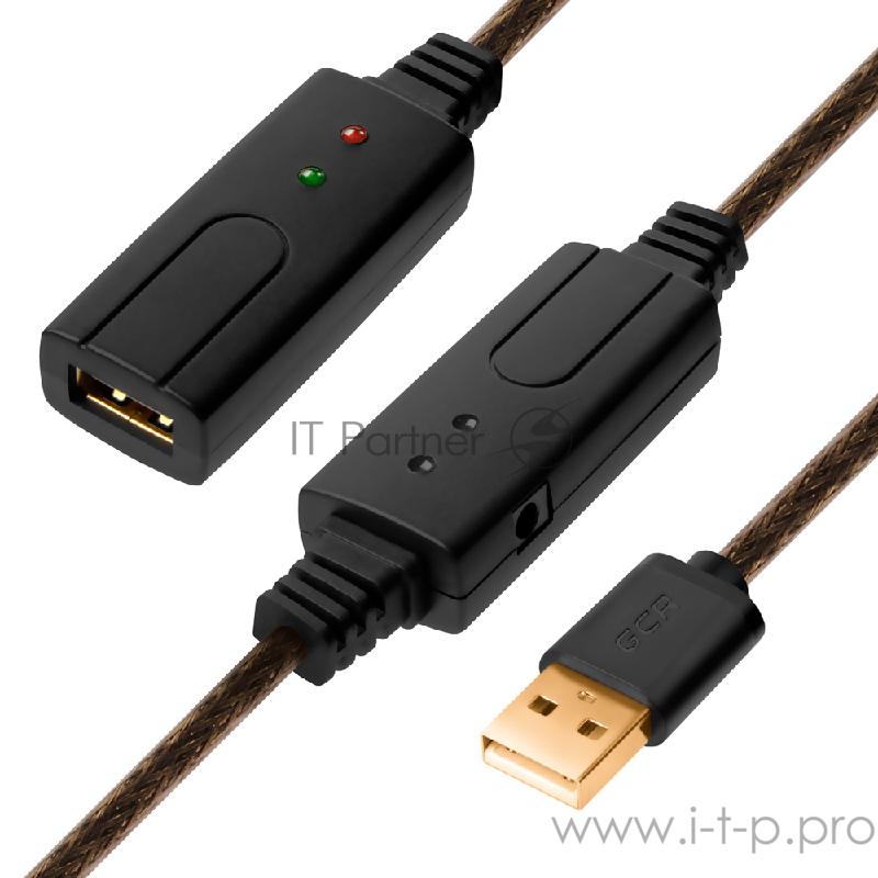 Удлинитель Greenconnect USB 2.0 с активным усилителем сигнала 5.0m Premium AM/AF, 24/22 AWG экран, армированный, морозостойкий, разъёмом для доп.питания, черно-прозрачный, GCR-UEC3M2-BD2S-5.0m