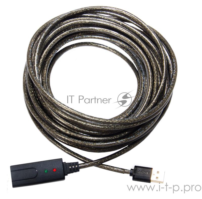 Удлинитель Greenconnect USB 2.0 с активным усилителем сигнала 5.0m Premium AM/AF, 24/22 AWG экран, армированный, морозостойкий, разъёмом для доп.питания, черно-прозрачный, GCR-UEC3M2-BD2S-5.0m