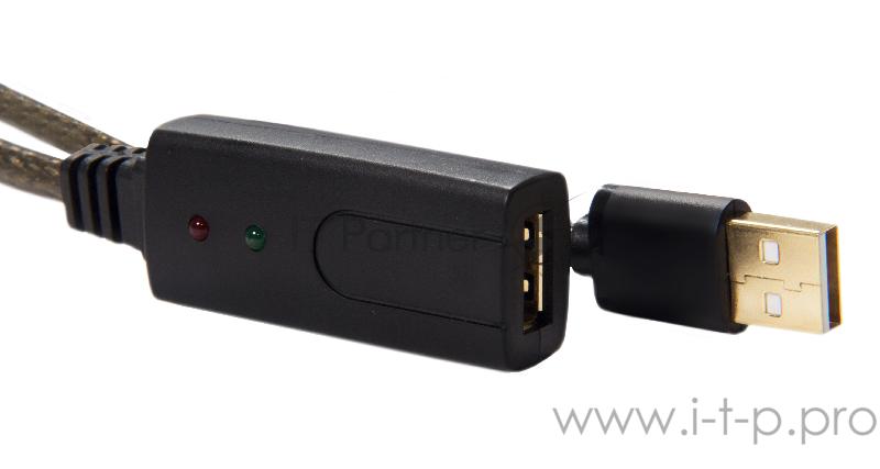 Удлинитель Greenconnect USB 2.0 с активным усилителем сигнала 5.0m Premium AM/AF, 24/22 AWG экран, армированный, морозостойкий, разъёмом для доп.питания, черно-прозрачный, GCR-UEC3M2-BD2S-5.0m