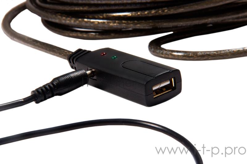 Удлинитель Greenconnect USB 2.0 с активным усилителем сигнала 5.0m Premium AM/AF, 24/22 AWG экран, армированный, морозостойкий, разъёмом для доп.питания, черно-прозрачный, GCR-UEC3M2-BD2S-5.0m