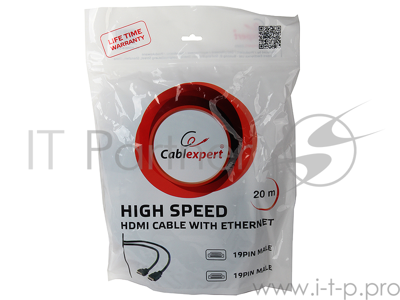 Кабель HDMI Gembird, 20м, v1.4, 19M/19M, черный, позол.раз., экран, пакет, CC-HDMI4-20M