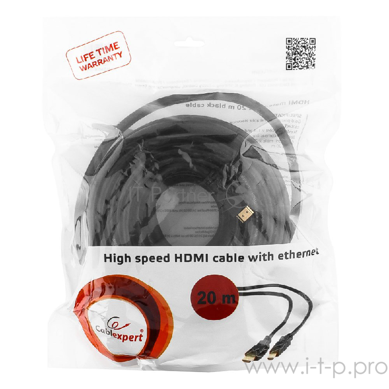 Кабель HDMI Gembird, 20м, v1.4, 19M/19M, черный, позол.раз., экран, пакет, CC-HDMI4-20M