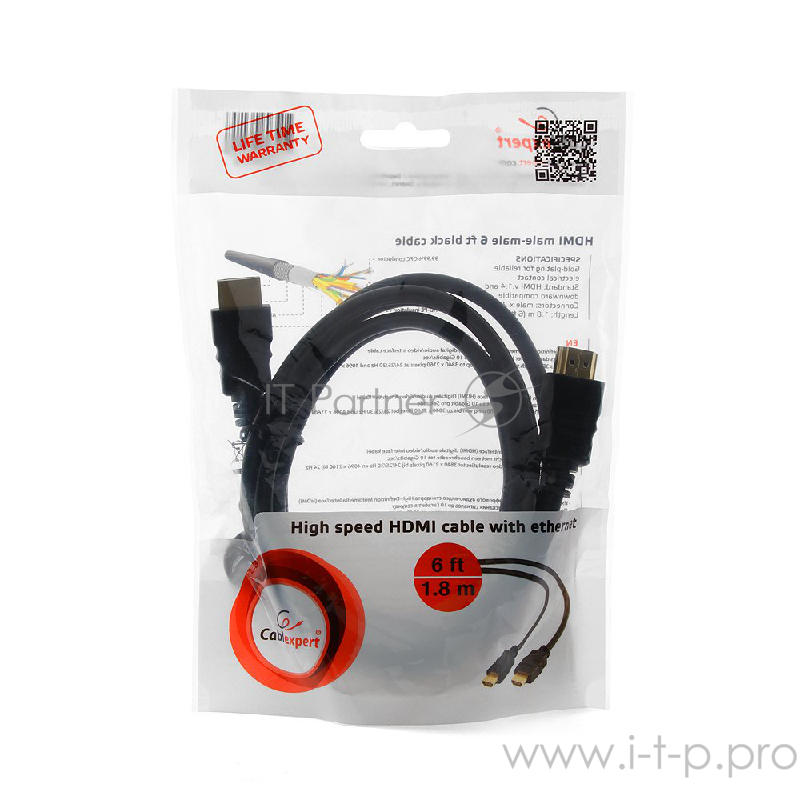 Кабель Кабель HDMI Gembird, 1.8м, v1.4, 19M/19M, черный, позол.разъемы, экран, пакет CC-HDMI4-6