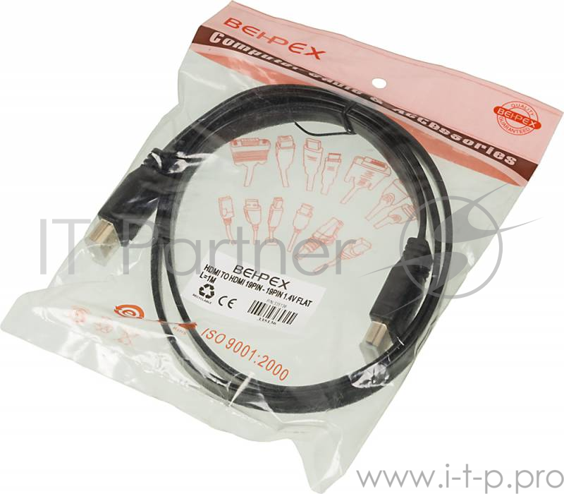 Кабель аудио-видео High Speed ver.1.4 Flat HDMI (m)/HDMI (m) 1м. Позолоченные контакты черный