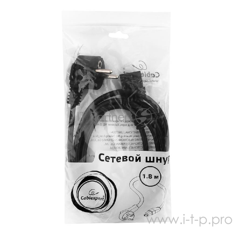 Кабель Cord Power Gembird/Cablexpert /1.8м, Schuko- C13, 4А, черный, с зазем.