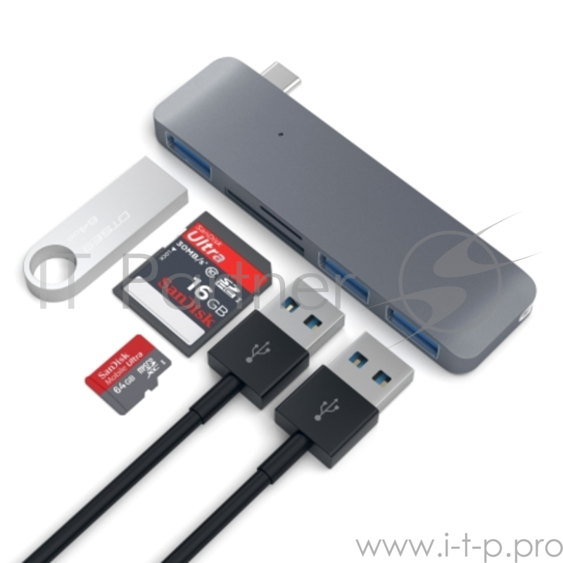 USB-хаб Satechi Type-C USB Hub для Macbook с портом USB-C. Порты: 3 x USB 3.0, SD, microSD. Цвет серый.