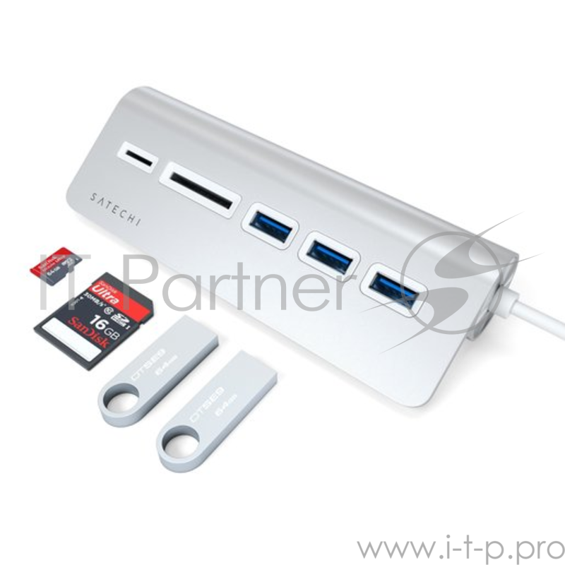 USB-концентратор Satechi Type-C USB Hub & Micro/SD Card Reader. Интерфейс USB-C. 3 порта USB 3.0 , слоты для карты памяти. Цвет серебряный.