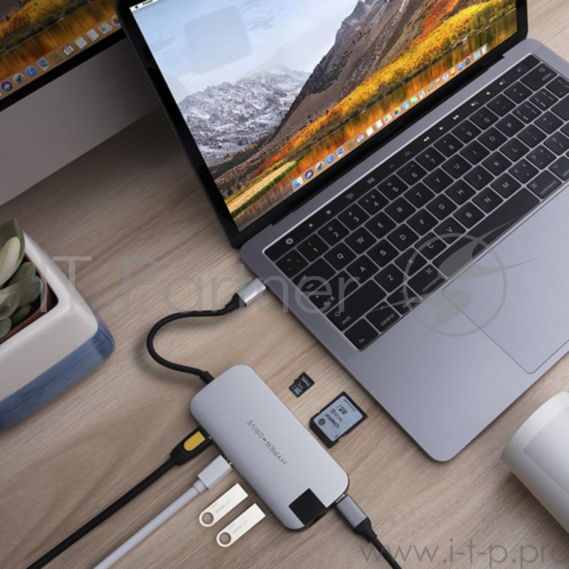 USB-хаб Hyper HyperDrive SLIM 8-in-1 Hub для Macbook и других устройств с портом Type-C. Порты: 4K/30Hz HDMI, USB-C Power Delivery, 2 x USB-A, Micro SD, SD, Gigabit Ethernet, Mini DisplayPort. Цвет серебряный.