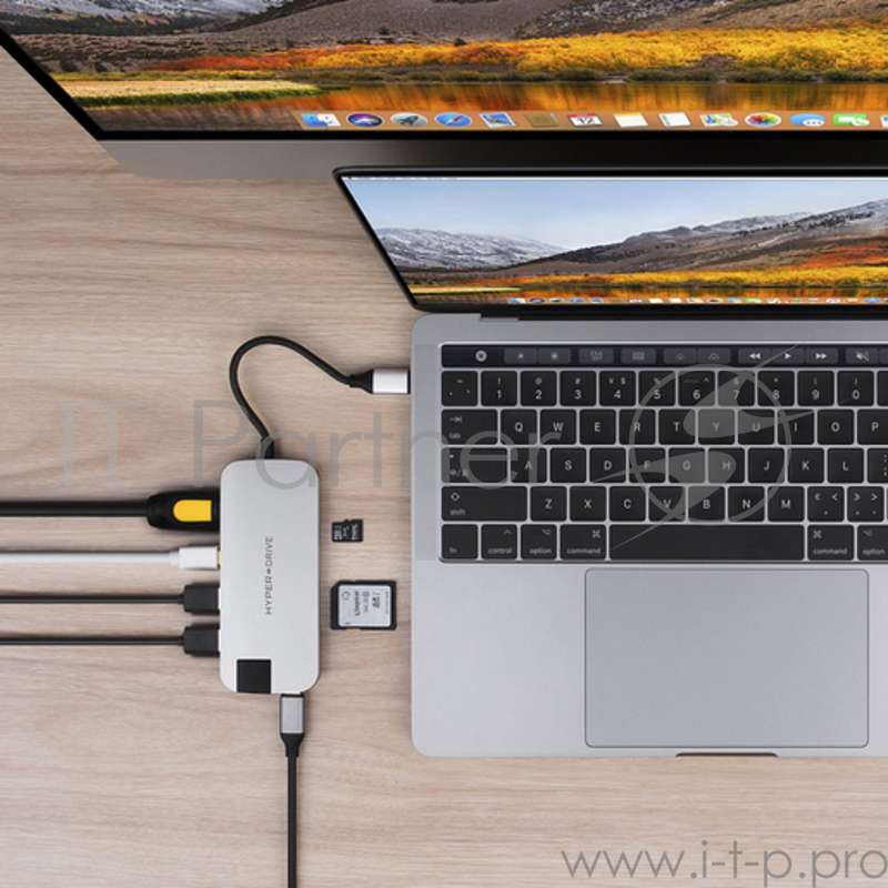 USB-хаб Hyper HyperDrive SLIM 8-in-1 Hub для Macbook и других устройств с портом Type-C. Порты: 4K/30Hz HDMI, USB-C Power Delivery, 2 x USB-A, Micro SD, SD, Gigabit Ethernet, Mini DisplayPort. Цвет серебряный.