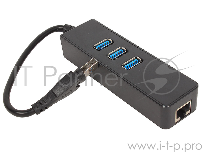 Концентратор USB 3.0 ORIENT JK-340, USB 3.0 HUB 3 Ports + Gigabit Ethernet Adapter, RJ45 10/100/1000 Мбит/с, черный