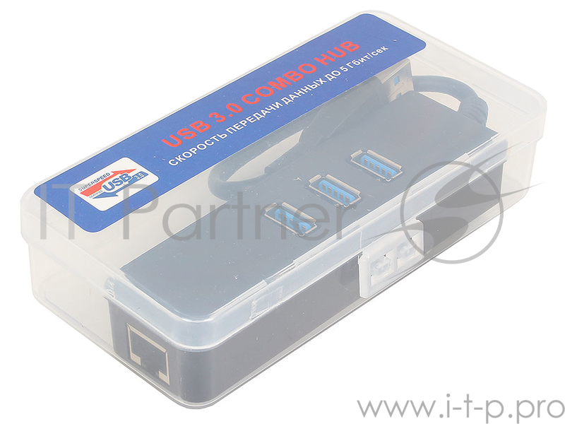 Концентратор USB 3.0 ORIENT JK-340, USB 3.0 HUB 3 Ports + Gigabit Ethernet Adapter, RJ45 10/100/1000 Мбит/с, черный