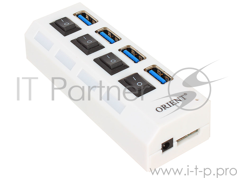 Концентратор USB 3.0 ORIENT BC-307PS, USB 3.0 HUB 4 Ports, c БП-зарядником 2xUSB (5В, 2.1А), выключатели на каждый порт, белый