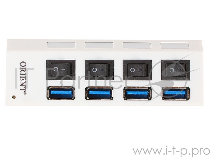 Концентратор USB 3.0 ORIENT BC-307PS, USB 3.0 HUB 4 Ports, c БП-зарядником 2xUSB (5В, 2.1А), выключатели на каждый порт, белый